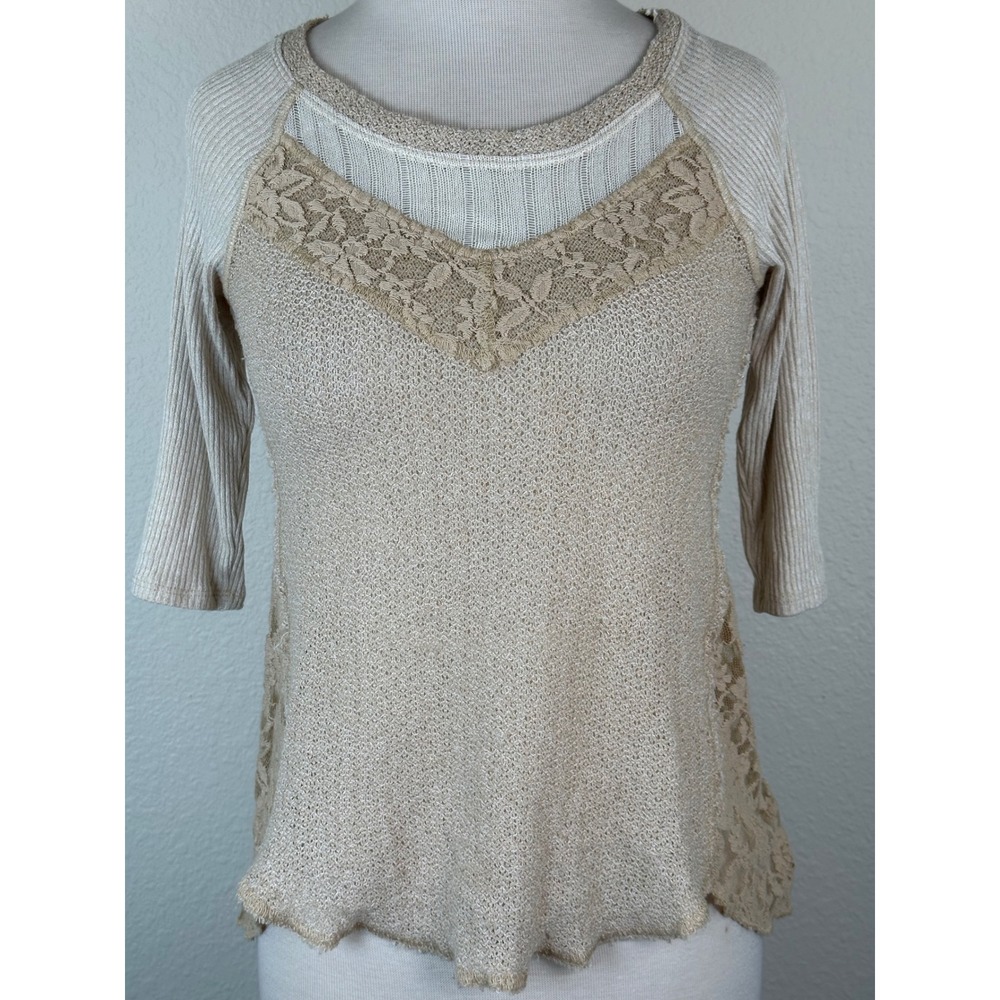 We The Free Lace Inset Open Knit Top XS Sheer Panel Boho Raw Hem Tunic - Picture 4 of 10